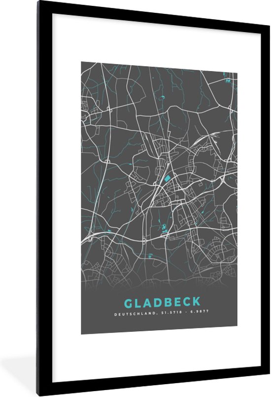 Fotolijst incl. Poster - Blauw – Duitsland – Plattegrond – Stadskaart – Kaart – Gladbeck - 80x120 cm - Posterlijst