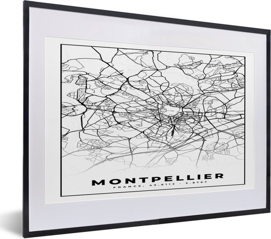 Fotolijst incl. Poster Zwart Wit- Stadskaart - Montpellier - Plattegrond - Kaart - Frankrijk - Zwart wit - 40x30 cm - Posterlijst