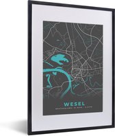 Fotolijst incl. Poster - Duitsland – Blauw – Wesel – Stadskaart – Kaart – Plattegrond - 30x40 cm - Posterlijst
