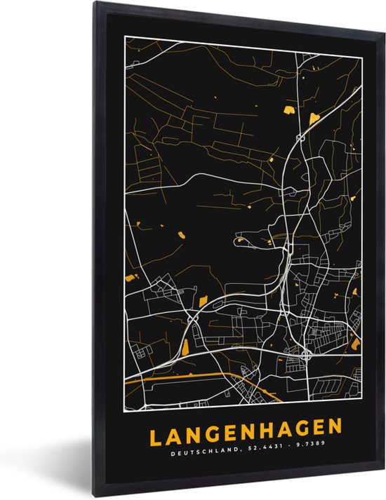 Fotolijst incl. Poster - Black and Gold – Stadskaart – Langenhagen – Duitsland – Plattegrond – Kaart - 40x60 cm - Posterlijst
