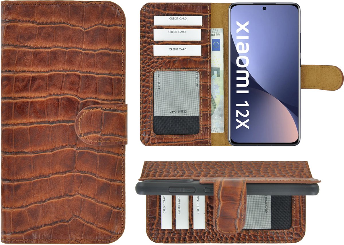MoDo hoesje Geschikt voor Xiaomi 12 Pro - Leer Book Case - Croco kaneelbruin