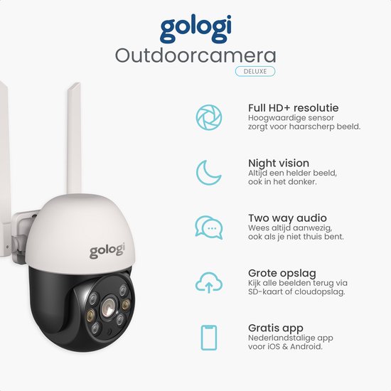 Gologi outdoor camera - Buiten camera met nachtzicht - Beveiligingscamera - IP camera - Security camera - 4x Digitale zoom - 3MP - Met wifi en app - Gologi