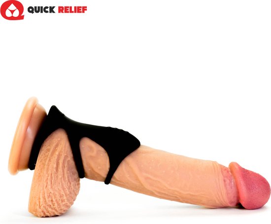 Zwart accessoire om een realistische penis, met Quick Relief logo, op zijn plaats te houden.