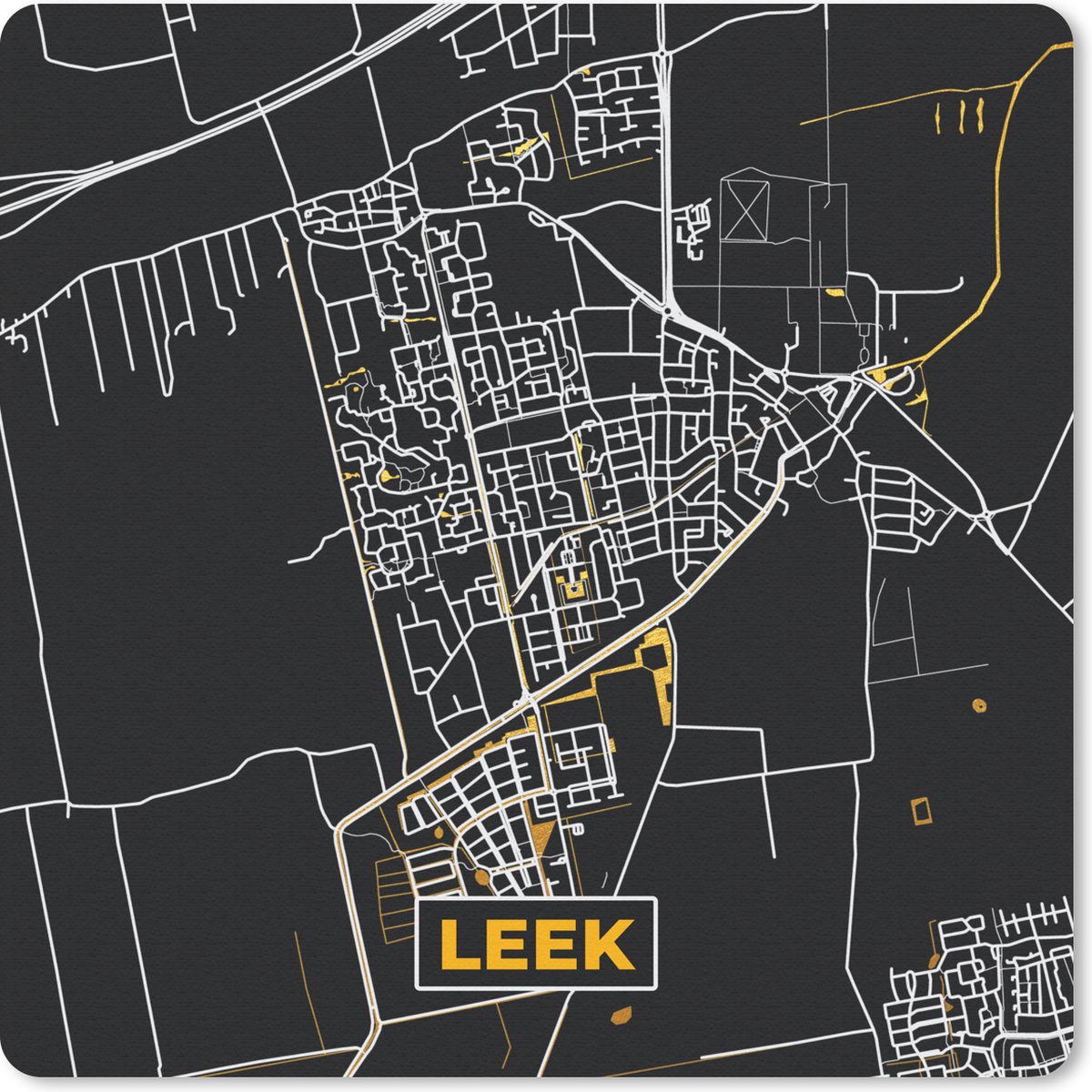 Muismat 20x20 cm - Mousepad Leek - Stadskaart - Plattegrond - Kaart - Black and Gold - Muismatten - Stadskaart