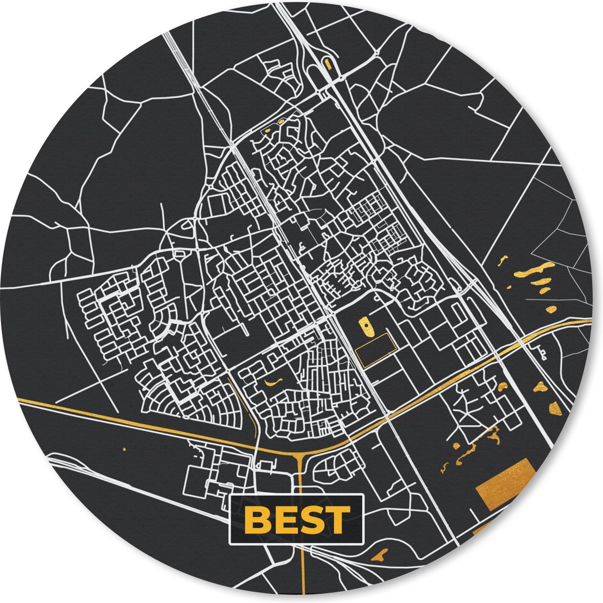 Muismat rond 30x30 cm - Mousepad Best - Black and Gold - Stadskaart - Kaart - Plattegrond - Ronde muismatten - Stadskaart