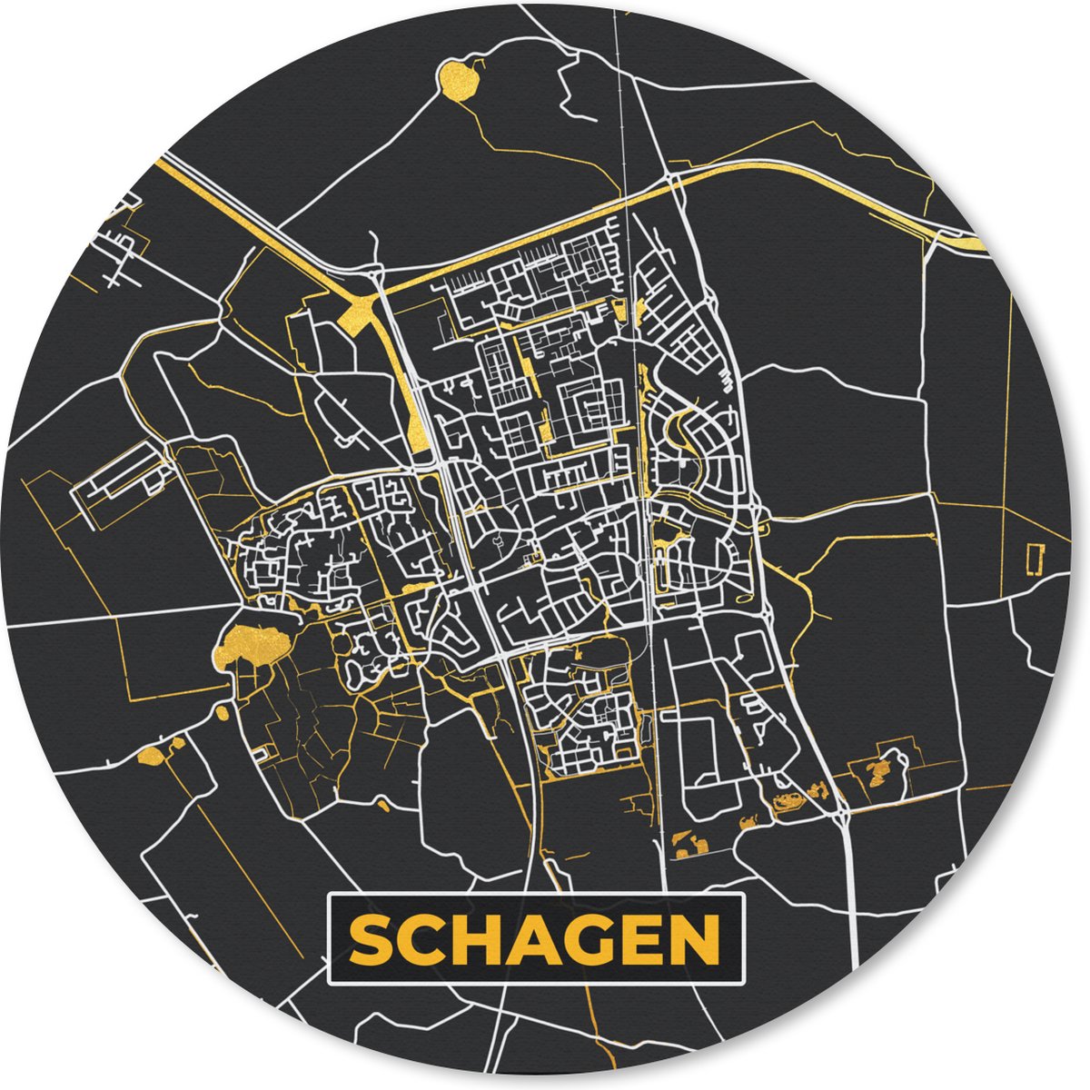Muismat - Mousepad - Rond - Schagen - Plattegrond - Kaart - Goud - Stadskaart - 40x40 cm - Ronde muismat
