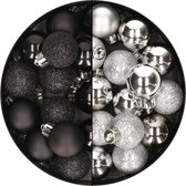 28x stuks kleine kunststof kerstballen zwart en zilver 3 cm - kerstversiering