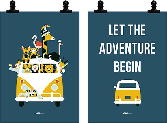 Poster set Safari donker blauw 2x maat A3 - safari - game drive - adventure - dieren - busje - avontuur - kinderkamer - jongenskamer -meisjeskamer - muurdecoratie - kinderkamerstyling – kinderkameraccessoire
