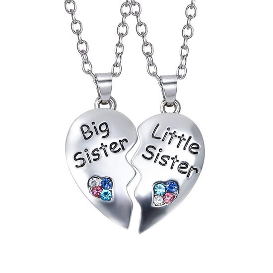 Kasey Vriendschapsketting - Zussen Sieraad - Zussen ketting voor 2 - Zilverkleurig hart met steentjes - Big Sis / Little Sis