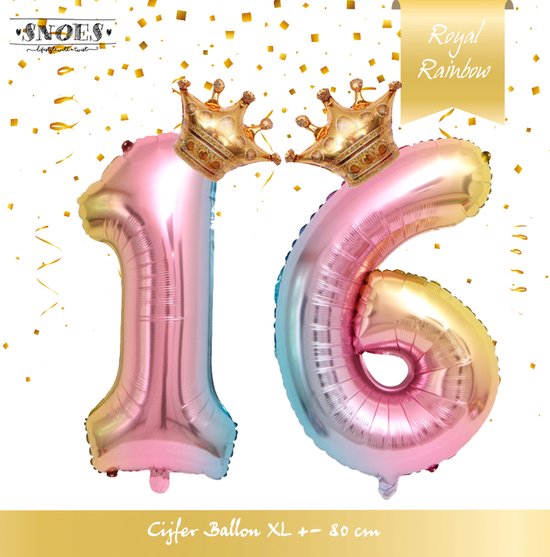 Cijfer Ballon nummer 16 - Prins - Prinses - Royal Rainbow - Ballon - Regenboog Unicorn Kleuren - Prinsessen Verjaardag - Hoera 16 Jaar