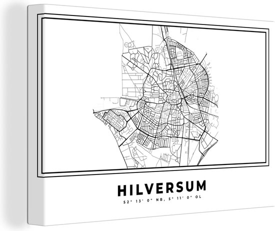 Canvas Schilderij Plattegrond – Hilversum – Zwart Wit – Stadskaart - Kaart - Nederland - 120x80 cm - Wanddecoratie