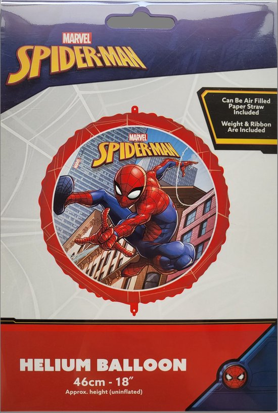 Marvel Spiderman Folieballon - opblaasbaar of te vullen met helium - incl. kartonnen rietje, gewichtje en 2 linten - rond - 46 cm - herbruikbaar - ballon - versiering - verjaardag - kinderfeestje - party