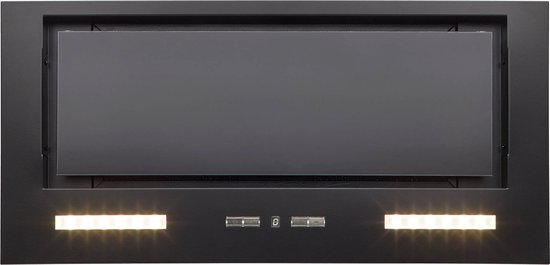 Zwarte afzuigkap met twee rijen led-verlichting en een digitaal display.