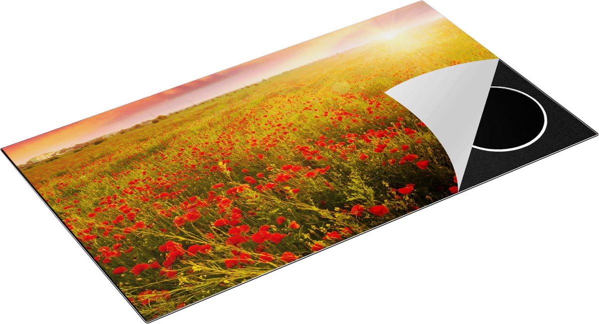 Chefcare Inductie Beschermer Rode Klaproos Bloemenveld - Zonsondergang - 95x50 cm - Afdekplaat Inductie - Kookplaat Beschermer - Inductie Mat
