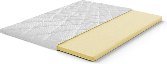 Wit oplegmatras met een geperforeerde gele kern en een gewatteerde witte hoes.