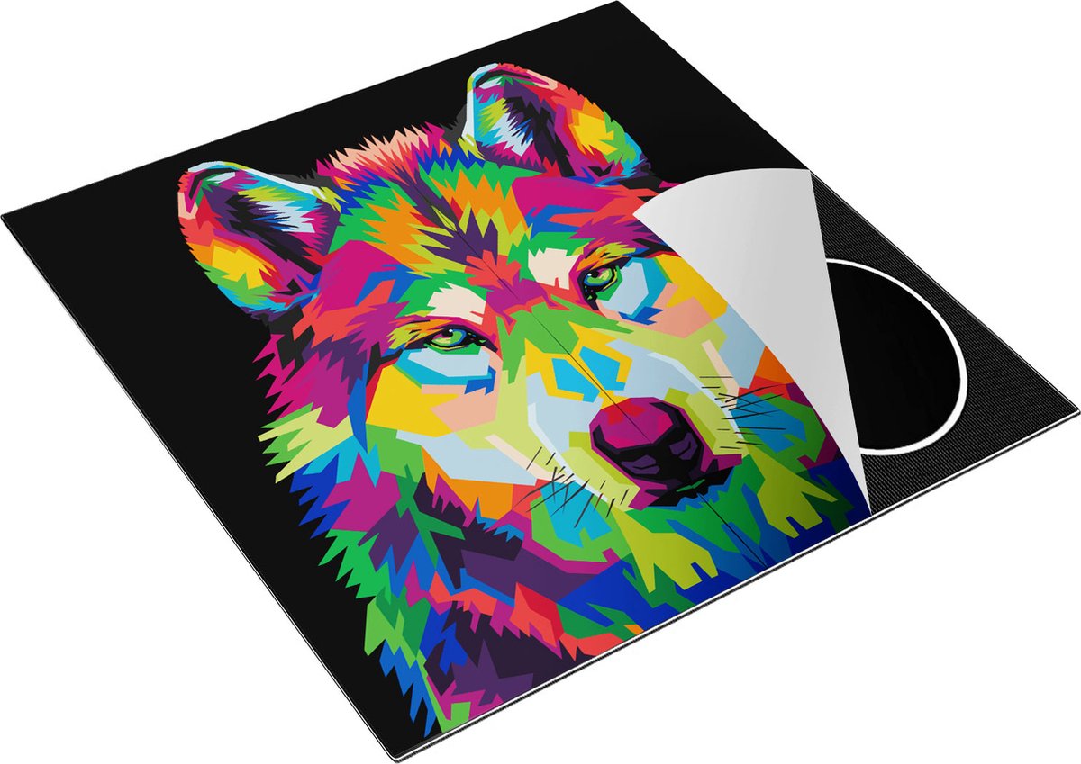 Chefcare Inductie Beschermer Gekleurde Wolvenkop - Wolf - Abstract - 78x78 cm - Afdekplaat Inductie - Kookplaat Beschermer - Inductie Mat