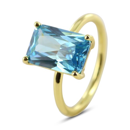 Silventi 9SIL-22592 Zilveren Ring - Dames - Zirkonia - Rechthoek -12 x 8 mm - Licht Blauw - Maat 54 - 1,76 mm - Zilver - Gold Plated (Verguld/Goud op Zilver)