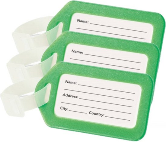 Set de 3 x étiquettes valises / étiquettes bagages plastique - Vert - 5 x 8 cm