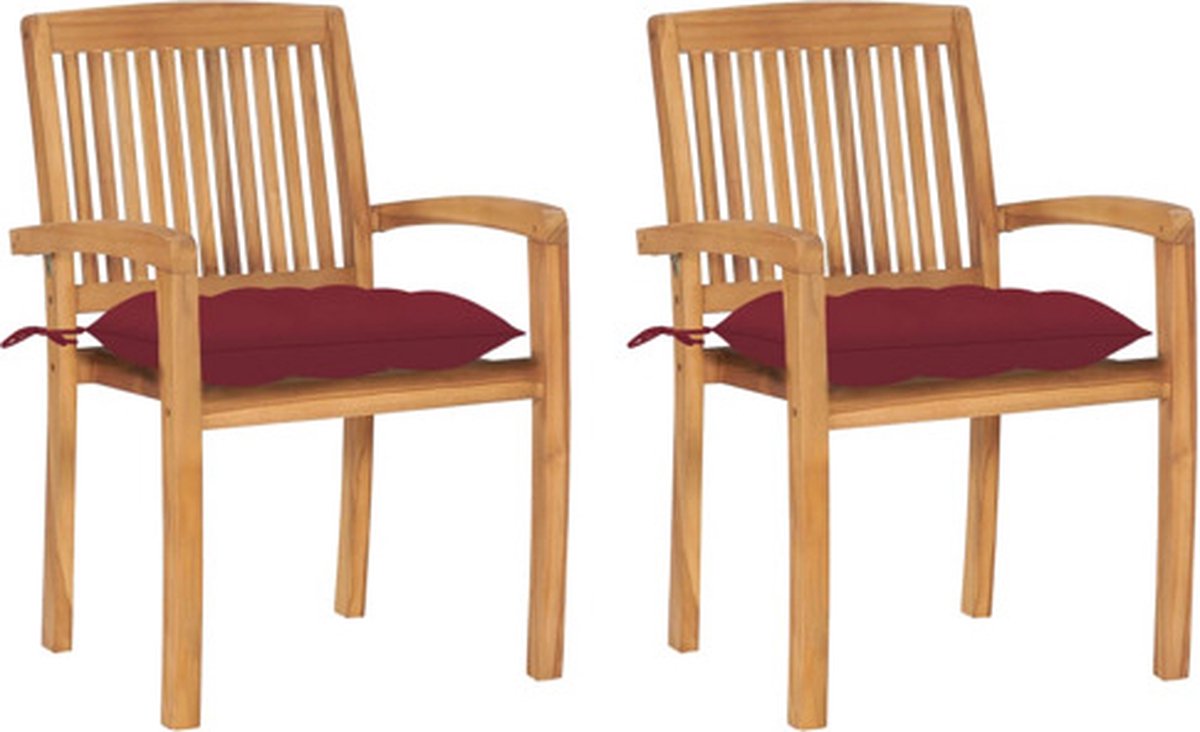 vidaXL - Tuinstoelen - 2 - st - met - wijnrode - kussens - massief - teakhout