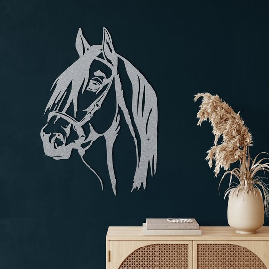 Wanddecoratie |  Paardenkop / Horse Head| Metal - Wall Art | Muurdecoratie | Woonkamer |Zilver| 53x76cm