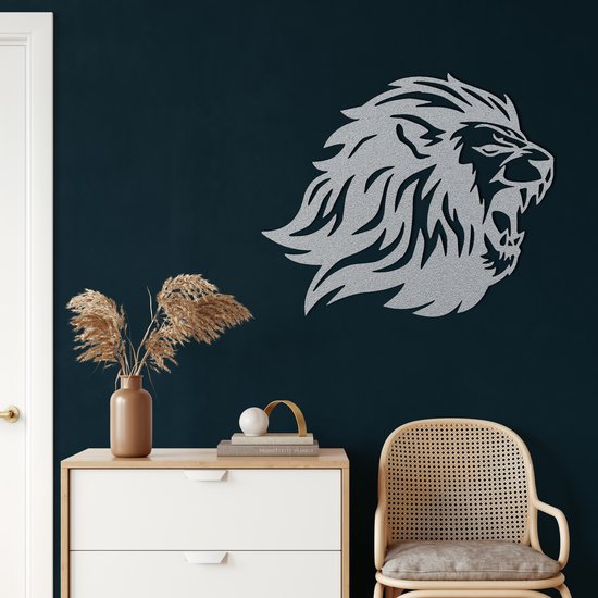 Wanddecoratie | Leeuwen Hoofd / Lion Head| Metal - Wall Art | Muurdecoratie | Woonkamer |Zilver| 46x38cm