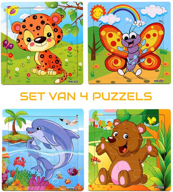 4 puzzles en bois de 9 pièces | Puzzles | Animaux: abeille, papillon,  dauphins et ours... | bol.com