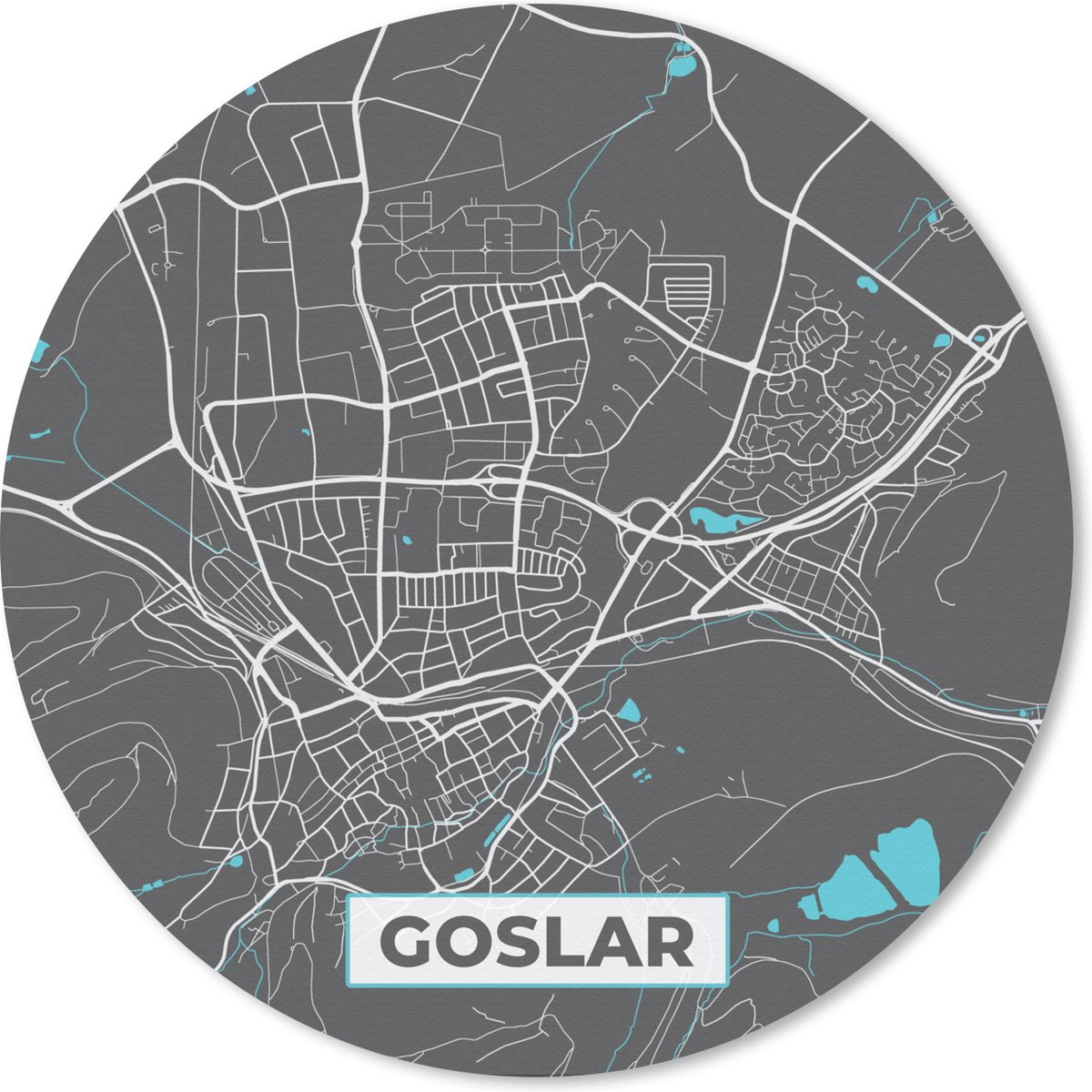 Muismat rond 40x40 cm - Mousepad Stadskaart – Plattegrond – Duitsland – Blauw – Goslar – Kaart - Ronde muismatten - Stadskaart
