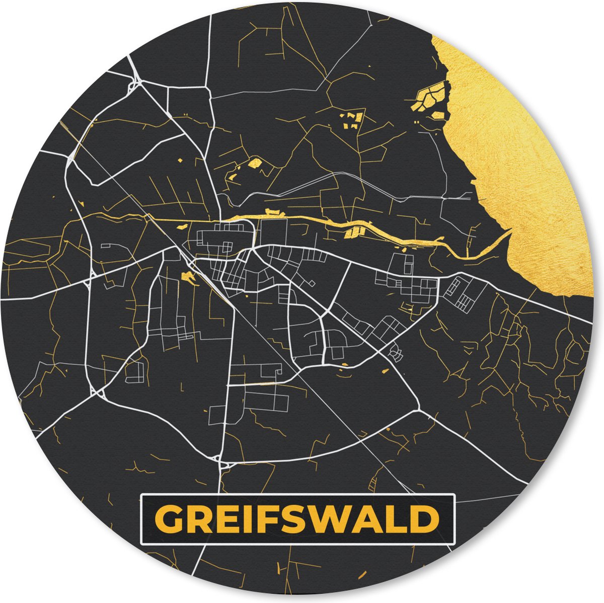 Muismat rond 30x30 cm - Mousepad Duitsland – Black and Gold – Greifswald – Stadskaart – Kaart – Plattegrond - Ronde muismatten - Stadskaart