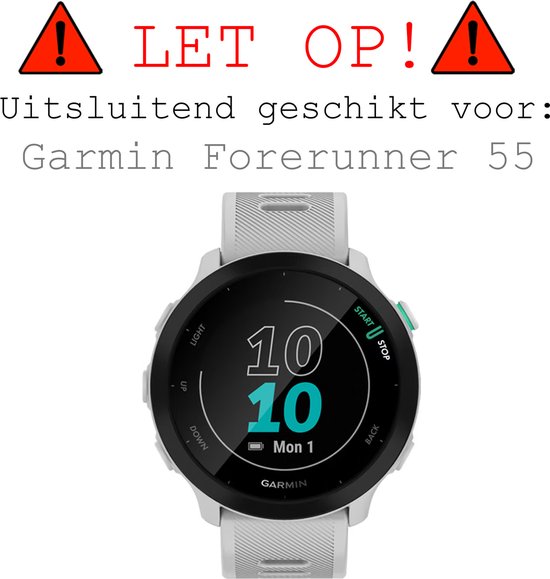 Garmin Forerunner 55 smartwatch, met waarschuwingssymbolen en tekst 'LET OP! Uitsluitend geschikt voor: Garmin Forerunner 55'.