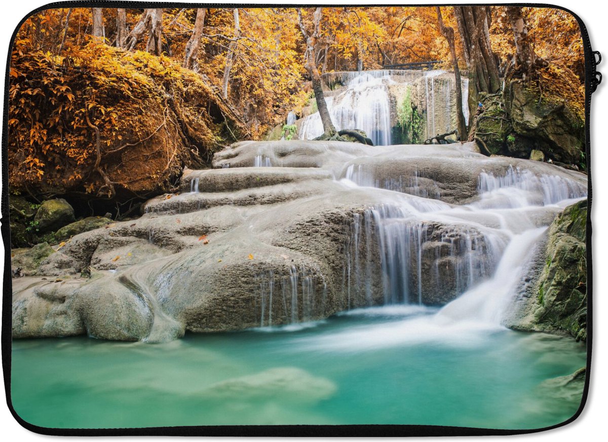 Laptophoes 13 inch - Bos - Waterval - Water - Herfst - Laptop sleeve - Binnenmaat 32x22,5 cm - Zwarte achterkant