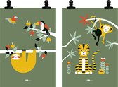 Poster set Jungle olijf groen 2x maat A4 - jungle - tijger - aap - luiaard - toekan - dieren - kinderkamer - jongenskamer - meisjeskamer - junglekamer - muurdecoratie - kinderkamerstyling – kinderkameraccessoire