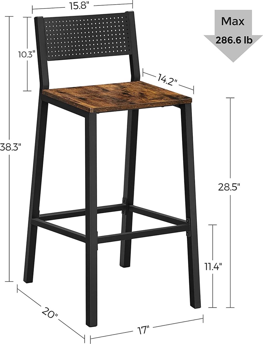 Hoppa! Barkruk, set van 2, barstoelen, keukenstoelen, voor keuken, woonkamer, eetkamer, industrieel ontwerp, vintage bruin-zwart