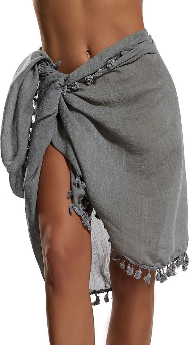 ASTRADAVI Pareo- Sarong met Franjes - Dames Beachwear Omslagdoek - Kleur Grijs