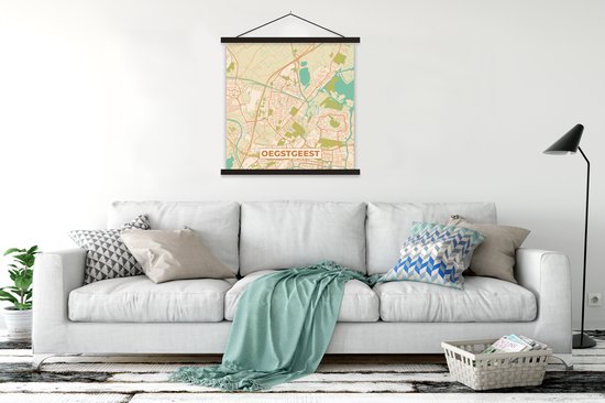 Porte-affiche avec affiche - Affiche scolaire - Oegstgeest - Carte - Plan de la ville - Plan d'étage - Vintage - 90x90 cm - Lattes noires