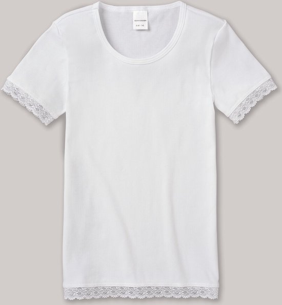 Schiesser - Shirt korte mouwen met kant dubbelrib wit - Long Life Cotton - Maat 164