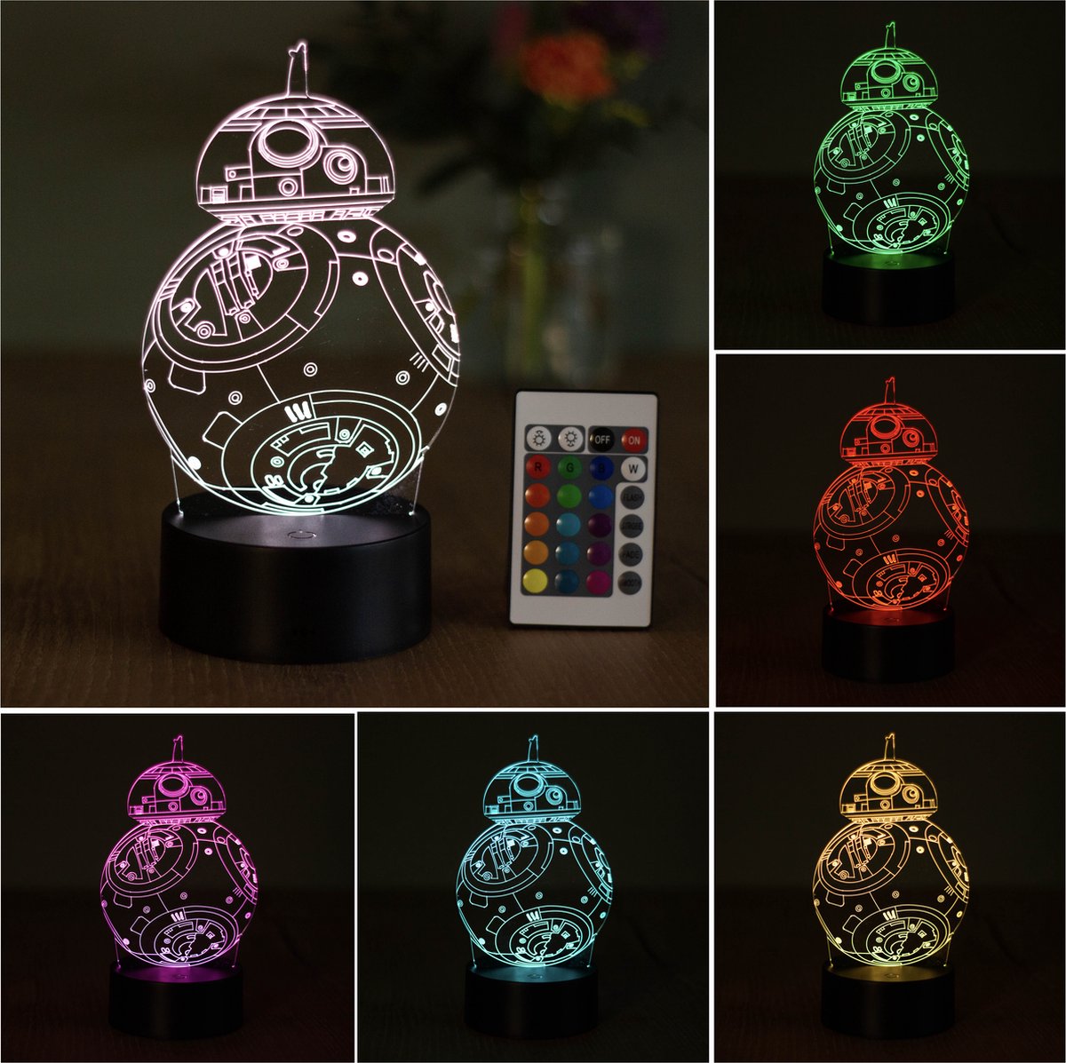 Klarigo®️ Nachtlamp – 3D LED Lamp Illusie – Star Wars - 16 Kleuren – Bureaulamp – BB-8 – Sfeerlamp – Nachtlampje Kinderen – Creative - Afstandsbediening