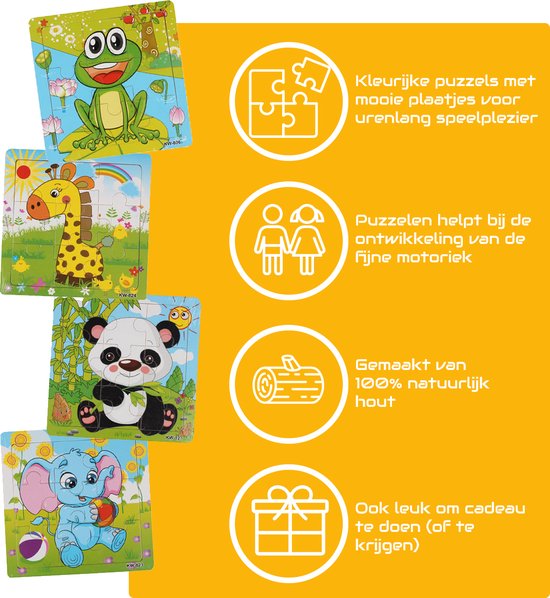 4 Houten Puzzels van 9 stukjes - Dieren: Panda, Kikker, Olifant en Giraffe - Voor kinderen van 1-4 jaar - Aslan®