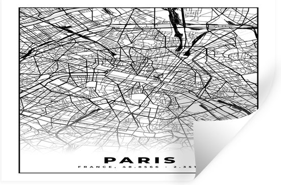 Muurstickers - Sticker Folie - Kaart - Paris - Plattegrond - Parijs - Frankrijk - Stadskaart - Zwart wit - 90x60 cm - Plakfolie - Muurstickers Kinderkamer - Zelfklevend Behang - Zelfklevend behangpapier - Stickerfolie