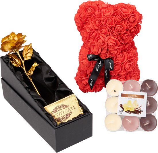 Ours rose avec une rose dorée, des bougies et des feuilles de rose dans une  boîte... | bol.com