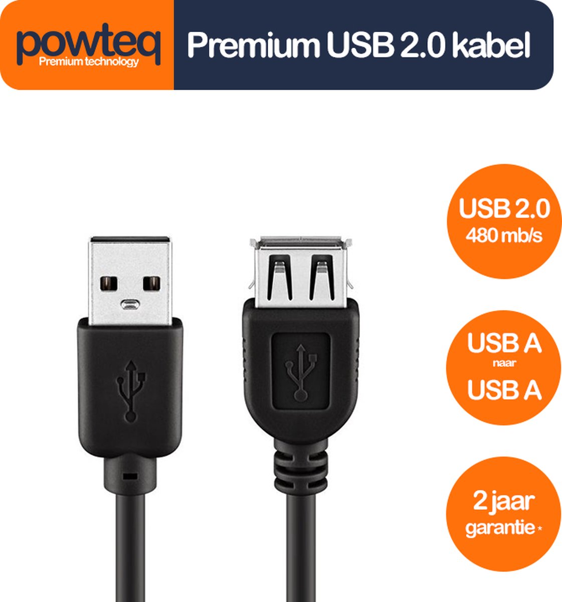 Powteq - 3 meter premium USB 2.0 verlengkabel - USB A male naar USB A female
