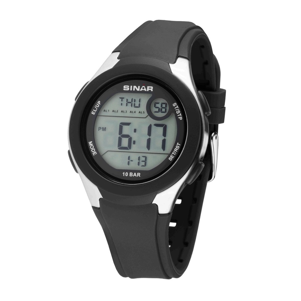 SINAR Digitaal Horloge 43 mm 14,5 - 21 cm Zwart - 5 alarmen - 2e tijdzone - XV-19-1