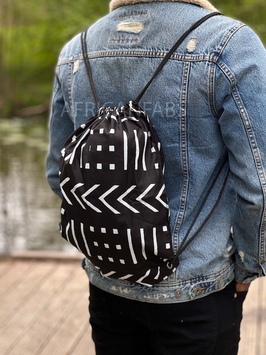 Afrikaanse print rugzak / Gymtas / Schooltas met rijgkoord - Zwart witte bogolan - Drawstring Bag