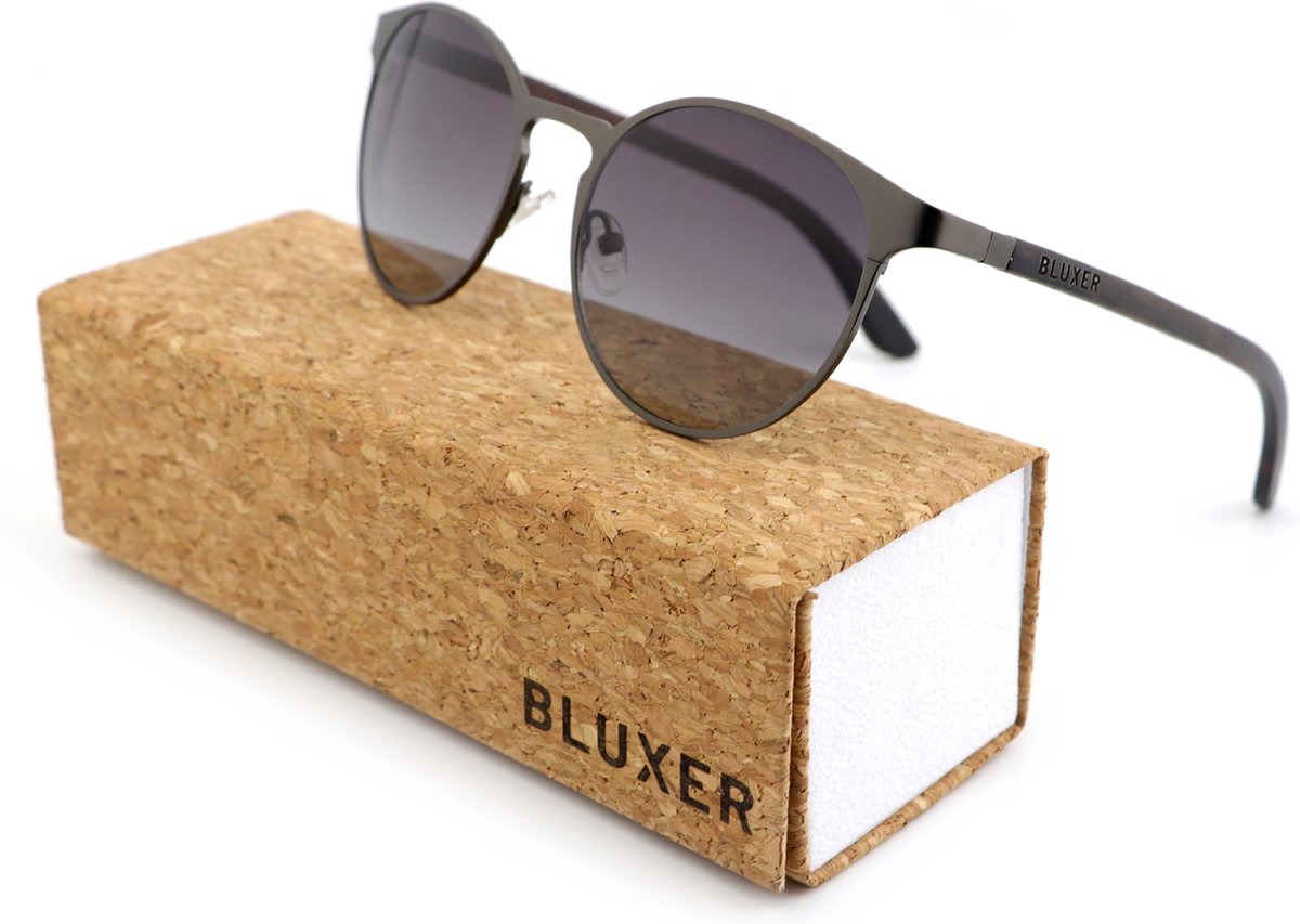 Bluxer® Zonnebril - Hippe Zonnebril Gepolariseerd - UV400 Lens - Zilverkleurig RVS Frame - Ebony Wood - Grijze Lens