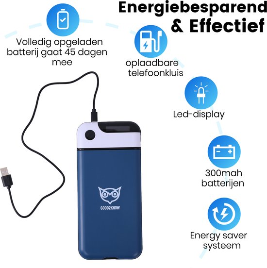 Blauwe telefoonkluis met een oplaadkabel, met iconen die de energiebesparende en effectieve functies uitleggen.