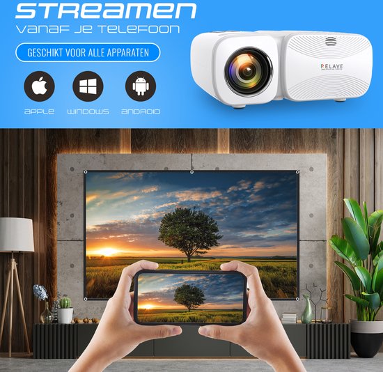 Relave - Input tot Full HD Beamer - 4400 Lumens - Projector - Streamen met Telefoon Via Wifi - Afstandsbediening - Inclusief Projectiescherm - Relave