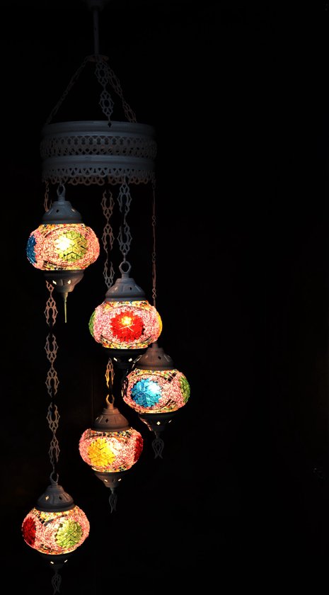 Hanglamp multicolour paars roze glas mozaïek 5 bollen Turkse Oosterse Crèmewit Marokkaanse kroonluchter