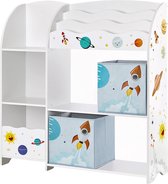 Hoppa! kinderkamerplank, speelgoed organizer, boekenkast voor kinderen, multifunctionele plank met 2 opbergboxen, stickers met ruimtemotieven, kinderkamer, slaapkamer, witte