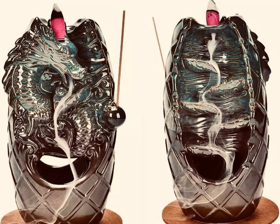 Brûle-encens double face Dragon encens cascade refoulement 21cm céramique Turquoise & Marron
