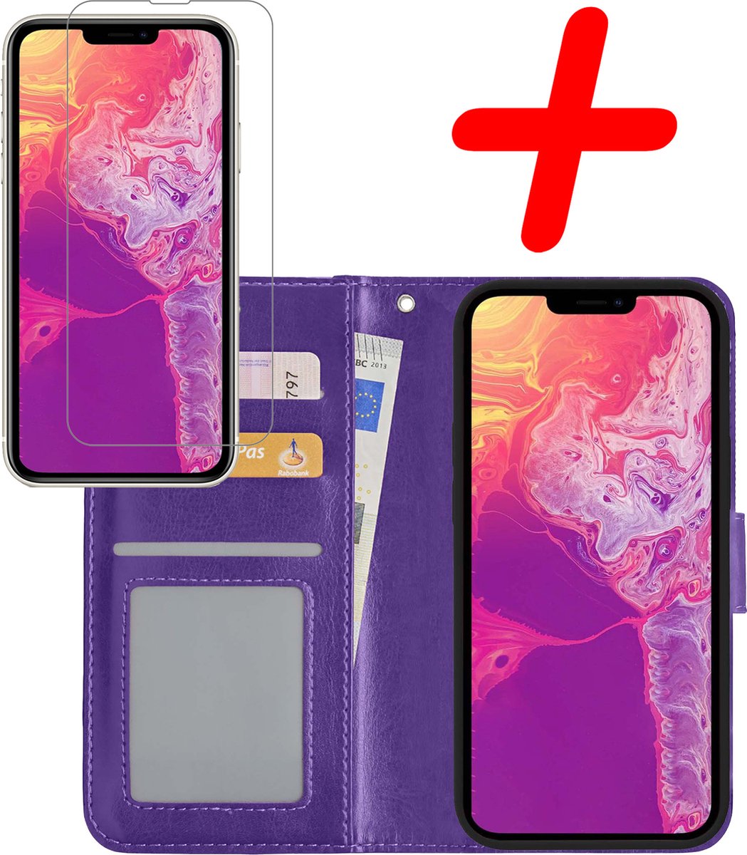 Hoesje Met Screenprotector - Geschikt voor Apple iPhone 14 Pro Max - Luxe Pasjeshouder - Bookcase Portemonee - Flip Case - Kunstleer Book Case - Flipcase - Book Cover - Walletcase - Portemonneehoes - Paars
