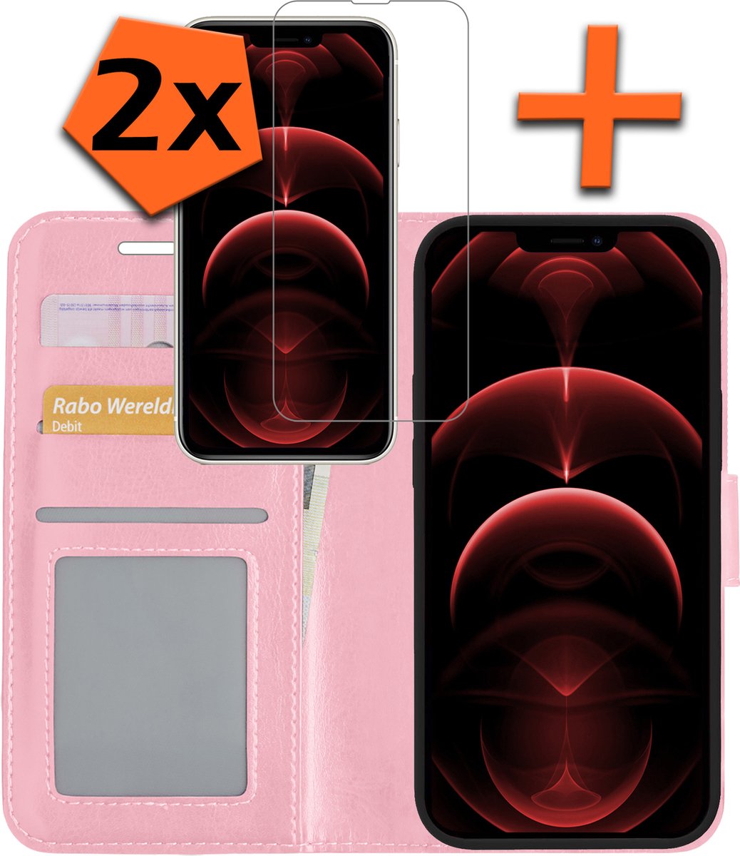 Hoes - Met 2x Screenprotector - Geschikt voor Apple iPhone 14 Pro - Luxe Pasjeshouder - Bookcase Portemonee - Flip Case - Kunstleer Book Case - Flipcase Hoes - Book Cover - Walletcase - PortemonneeHoes - Lichtroze